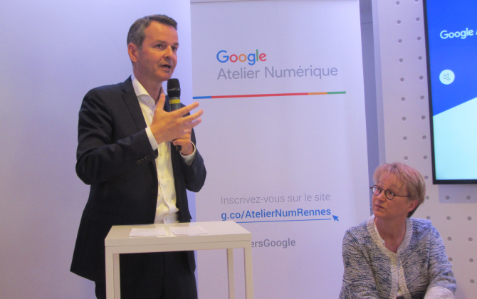 Emmanuel Couet, président de Rennes Métropole, et Nathalie Appéré, maire de Rennes, lors de l'inauguration de l'atelier Google de Rennes.