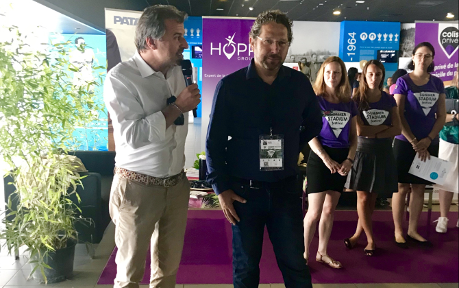 Jean-Luc Chauvin, président de la CCIMP, et Frédéric Pons, cofondateur d'Hopps Group, lors du Summer Stadium Job Hopps.