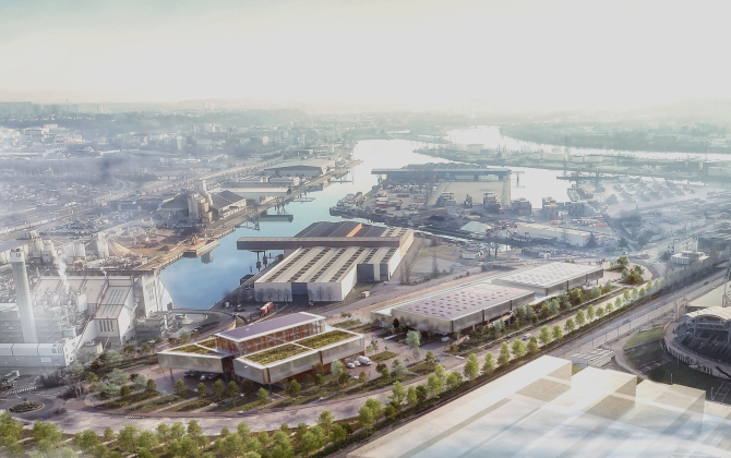 Vue 3D du Port de Lyon où s'implantera le futur Hôtel de logistique urbaine (au premier plan) qui délivrera 28 000 m² de surface logistique.
