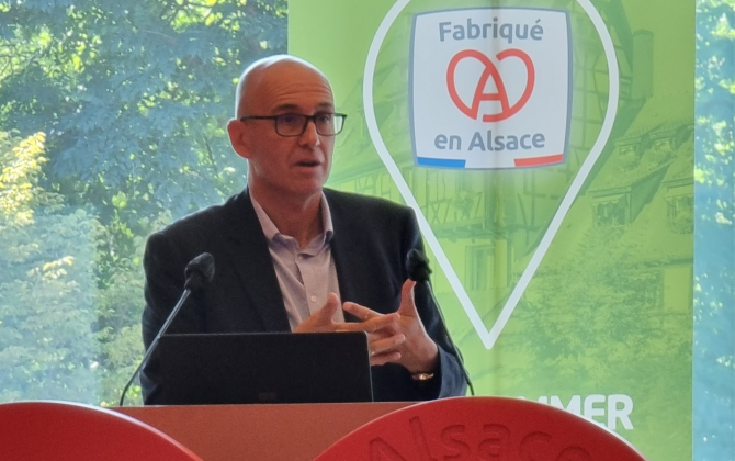 Frédéric Bierry, le président de la Collectivité européenne d’Alsace et président de l’Adira, a présenté la marque Fabriqué en Alsace lundi 13 septembre 2021.