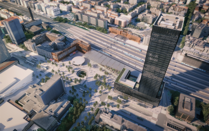 Vue 3D d’ensemble du quartier avec la gare, le parvis et la tour To Lyon.