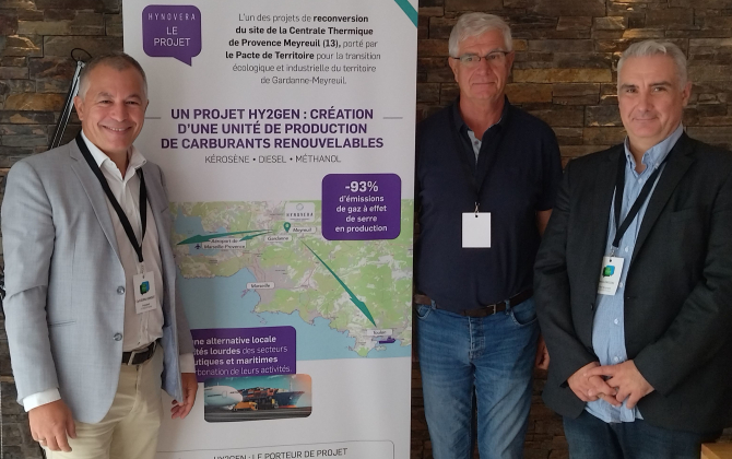 Cyril Dufau-Sansot, PDG d'Hy2Gen, Vincent Delcroix, garant de la concertation publique autour du projet Hynovera, et Denis Grisoni, chef du projet Hynovera.