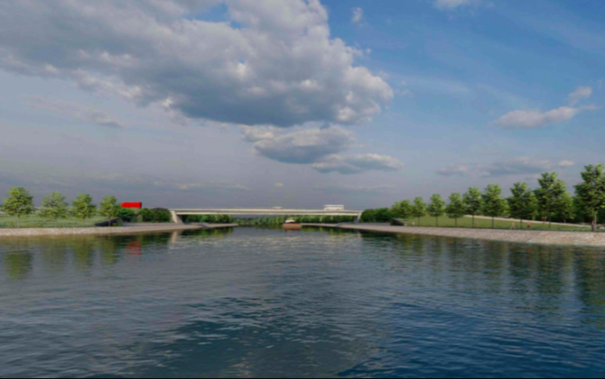 Perspective d’un pont au-dessus du futur Canal Seine-Nord Europe.