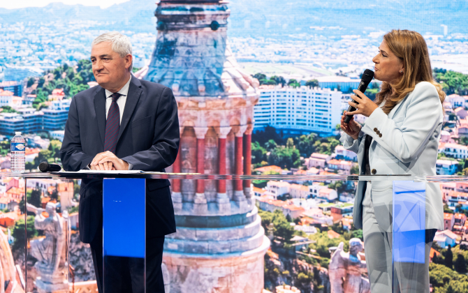 Philippe Henri, président du conseil d’administration de la Banque Populaire Méditerranée, et Sabine Calba, sa directrice générale.