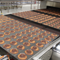 Ligne de fabrication de madeleines au sein de l'usine de la biscuiterie Jeannette à Colombelles (Calvados).
