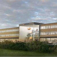 Perspective du nouveau siège de l'opérateur télécoms Altitude Infrastructure à Val-de-Reuil, dans l'Eure.