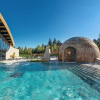 Un bassin chauffé, un sauna circulaire et un jacuzzi sur une terrasse minérale permettent de prolonger l’expérience du spa au Domaine des Trois Forêts tout au long de l’année.