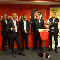 Le Stade Rennais et Bpifrance ont officialisé leur partenariat le 30 octobre 2019 à Rennes. De g. à d. : Hervé Lelarge (Bpifrance Bretagne), Thierry Geffroy (Samsic), Bertrand Delanoë (Stade Rennais), Patrice Bégay (Bpifrance) et Olivier Létang (Stade Rennais).